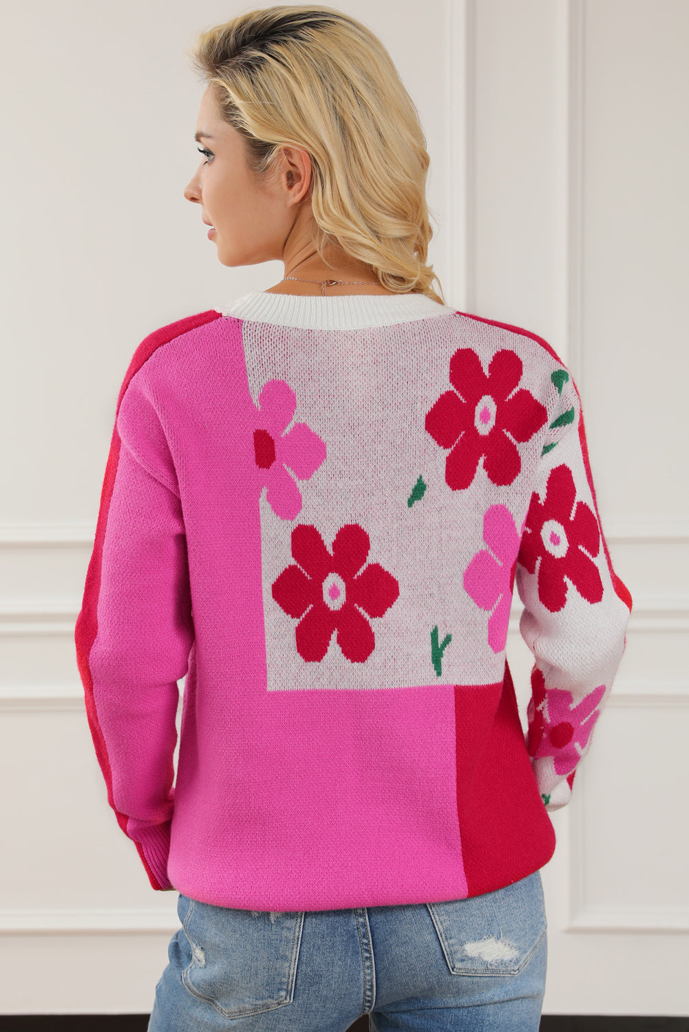 Rose Red Floral Mixed Color Block Sweater Sweaters & Cardigans JT's Designer Fashion
