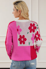 Rose Red Floral Mixed Color Block Sweater Sweaters & Cardigans JT's Designer Fashion