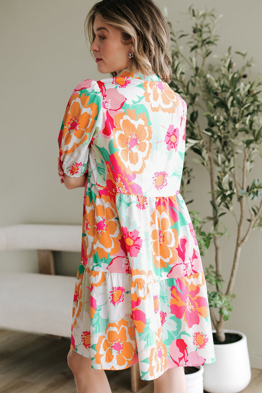 Pink Floral Puff Sleeve Collar Buttoned Babydoll Dress Floral Dresses JT's Designer Fashion