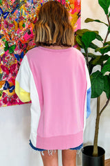 Bonbon Color Block Exposed Seam Side Slits Crewneck Sweatshirt Sweatshirts & Hoodies JT's Designer Fashion