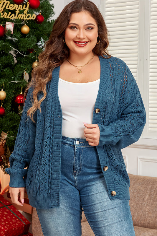 Real Teal Open Knit V Neck Button Front Drop Shoulder Plus Size Cardigan Real Teal 60%Cotton+40%Acrylic Plus Size Sweaters & Cardigans JT's Designer Fashion
