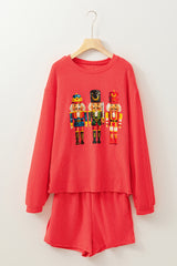 Gold Flame Heat Transfer Christmas Nutcracker Ribbed Long Sleeve Top Shorts Set Graphic Sets JT's Designer Fashion