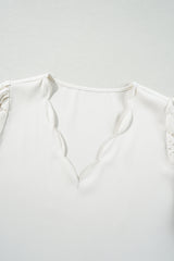 White Scalloped V Neckline Lace Hollowed Lantern Sleeve Blouse Blouses & Shirts JT's Designer Fashion