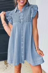 Beau Blue Flutter Sleeve Shirred Detail Button Up Denim Mini Dress Mini Dresses JT's Designer Fashion