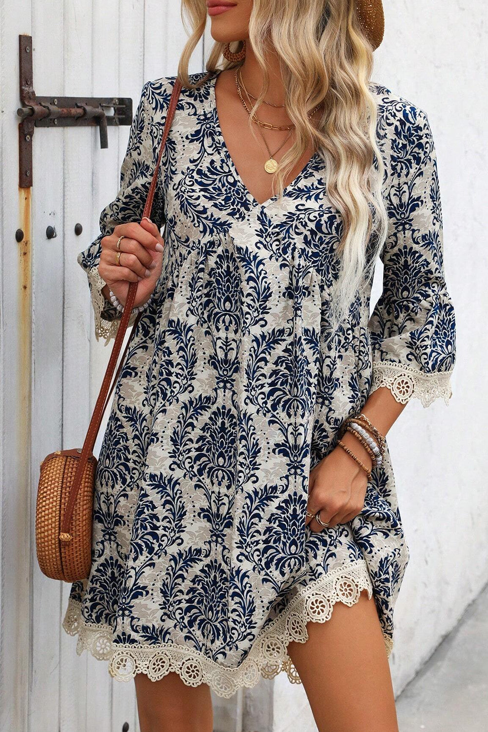 Sky Blue Vintage Printed Lace Trim V Neck 3/4 Sleeve Loose Dress Mini Dresses JT's Designer Fashion