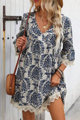 Sky Blue Vintage Printed Lace Trim V Neck 3/4 Sleeve Loose Dress Mini Dresses JT's Designer Fashion