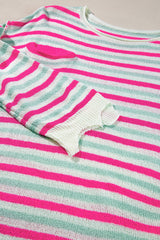 Rose Stripe Oversized Drop Shoulder Sweater with Pocket Sweaters JT's Designer Fashion