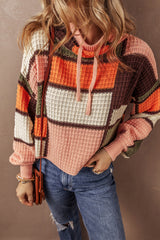 Orange Color Block Waffle Knit Drawstring Mock Neck Sweater Sweaters JT's Designer Fashion