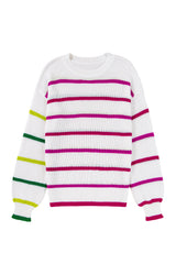 White Colorful Striped Drop Shoulder Crew Neck Sweater Sweaters JT's Designer Fashion