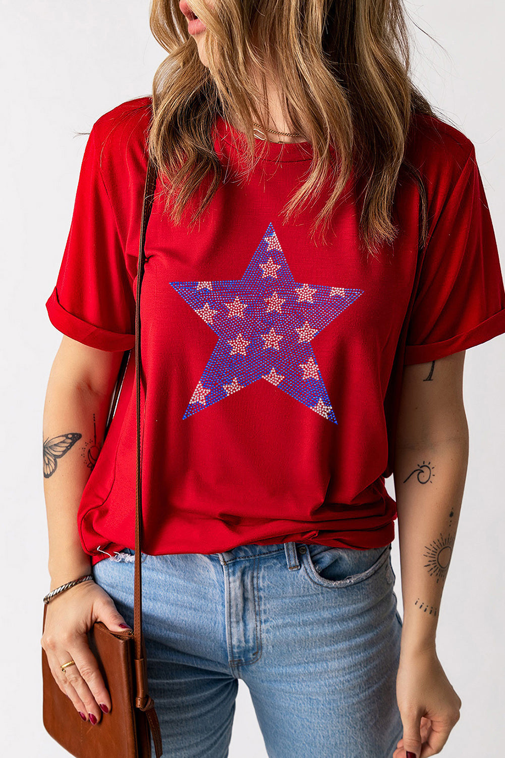 Red Rhinestone Star Pattern Independent Day T Shirt Graphic Tees JT's Designer Fashion