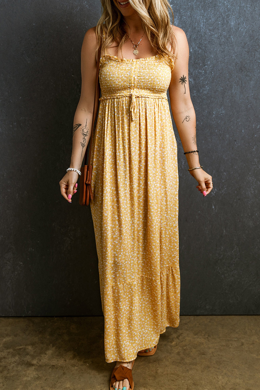 Yellow Frilly Smocked High Waist Floral Maxi Dress Dresses JT's Designer Fashion