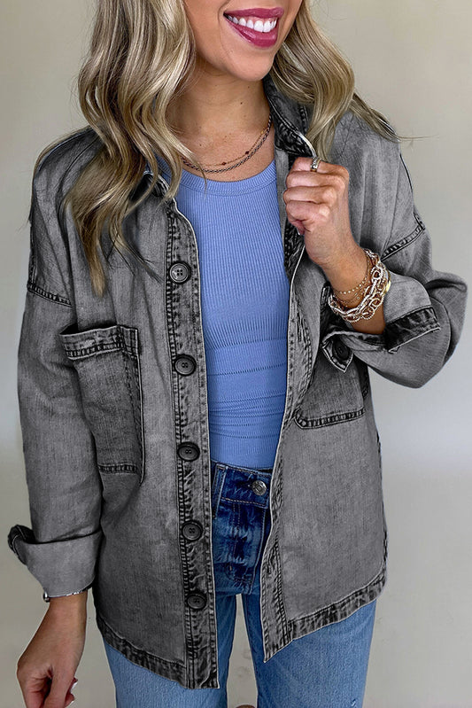 Medium Grey Mineral Wash Patched Pocket Split Denim Jacket Medium Grey 95%Cotton+5%Polyester Denim Jackets JT's Designer Fashion