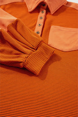 Orange Stripe Exposed Seam Henley Turn-down Neck Puff Sleeve Sweatshirt Sweatshirts & Hoodies JT's Designer Fashion