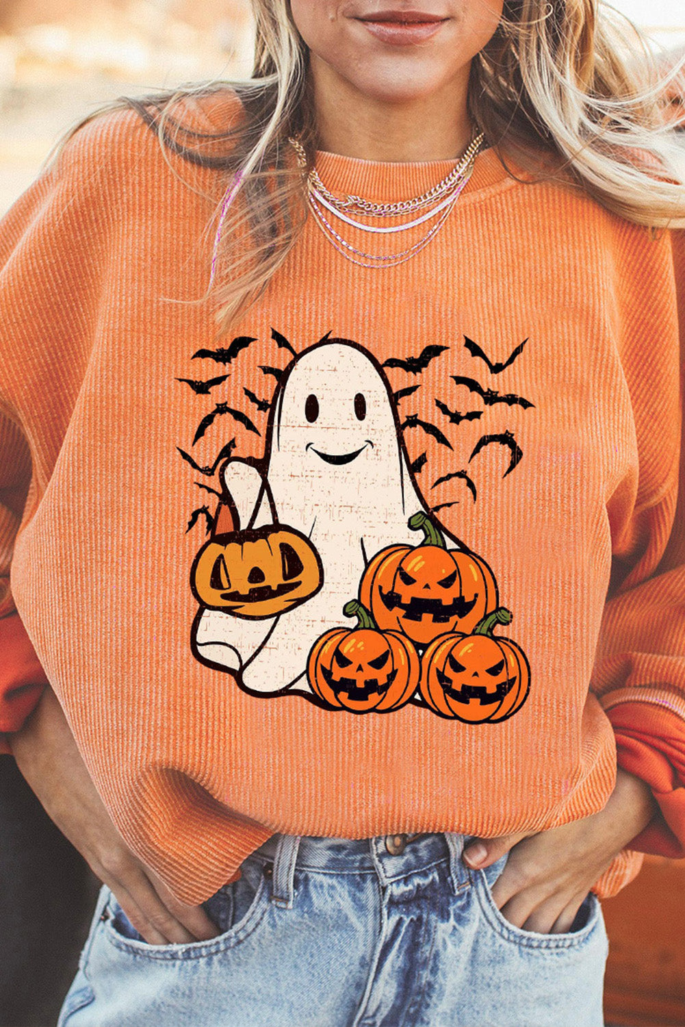 Orange Halloween Ghost Pumpkin Bat Print Corded Pullover Sweatshirt Orange-3 100%Polyester Graphic Sweatshirts JT's Designer Fashion