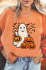 Orange Halloween Ghost Pumpkin Bat Print Corded Pullover Sweatshirt Orange-3 100%Polyester Graphic Sweatshirts JT's Designer Fashion
