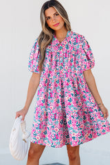 Pink Floral Collared Half Placket Short Sleeve Loose Dress Floral Dresses JT's Designer Fashion