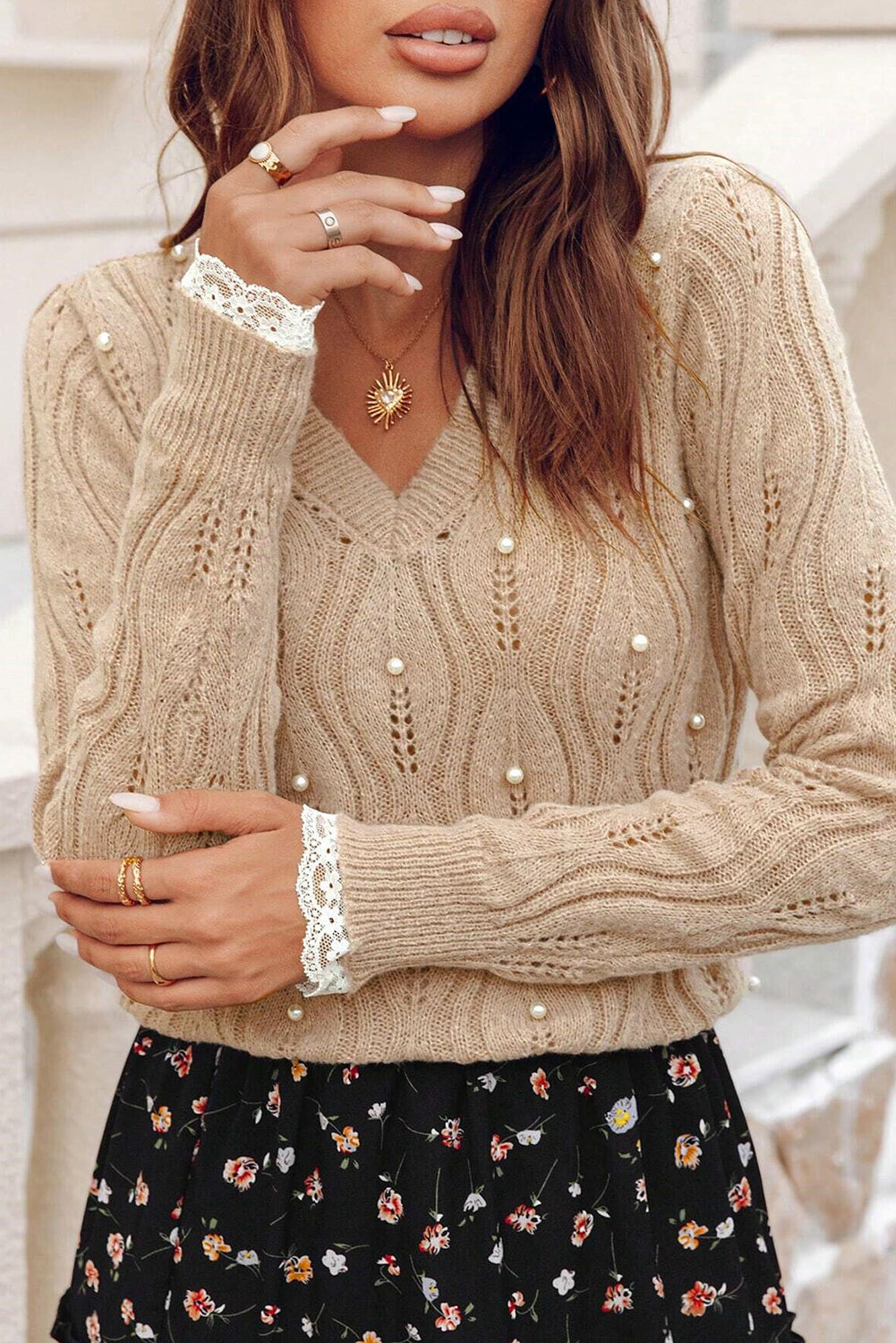 Smoke Gray Pearl Beaded Pointelle Knit V Neck Lace Patchwork Sleeve Sweater Smoke Gray 65%Acrylic+35%Polyamide Sweaters JT's Designer Fashion