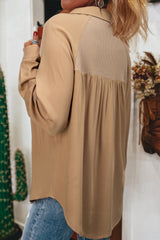 Light French Beige Waffle Patchwork Button Up Frayed Hem Shirt Blouses & Shirts JT's Designer Fashion