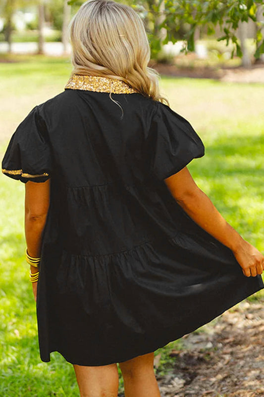 Black Glistening Easter Egg Sequin Trim Half Button Puff Sleeve Dress Graphic Dresses JT's Designer Fashion