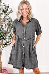 Medium Grey Mineral Wash Ruffled Short Sleeve Buttoned Denim Dress Dresses JT's Designer Fashion
