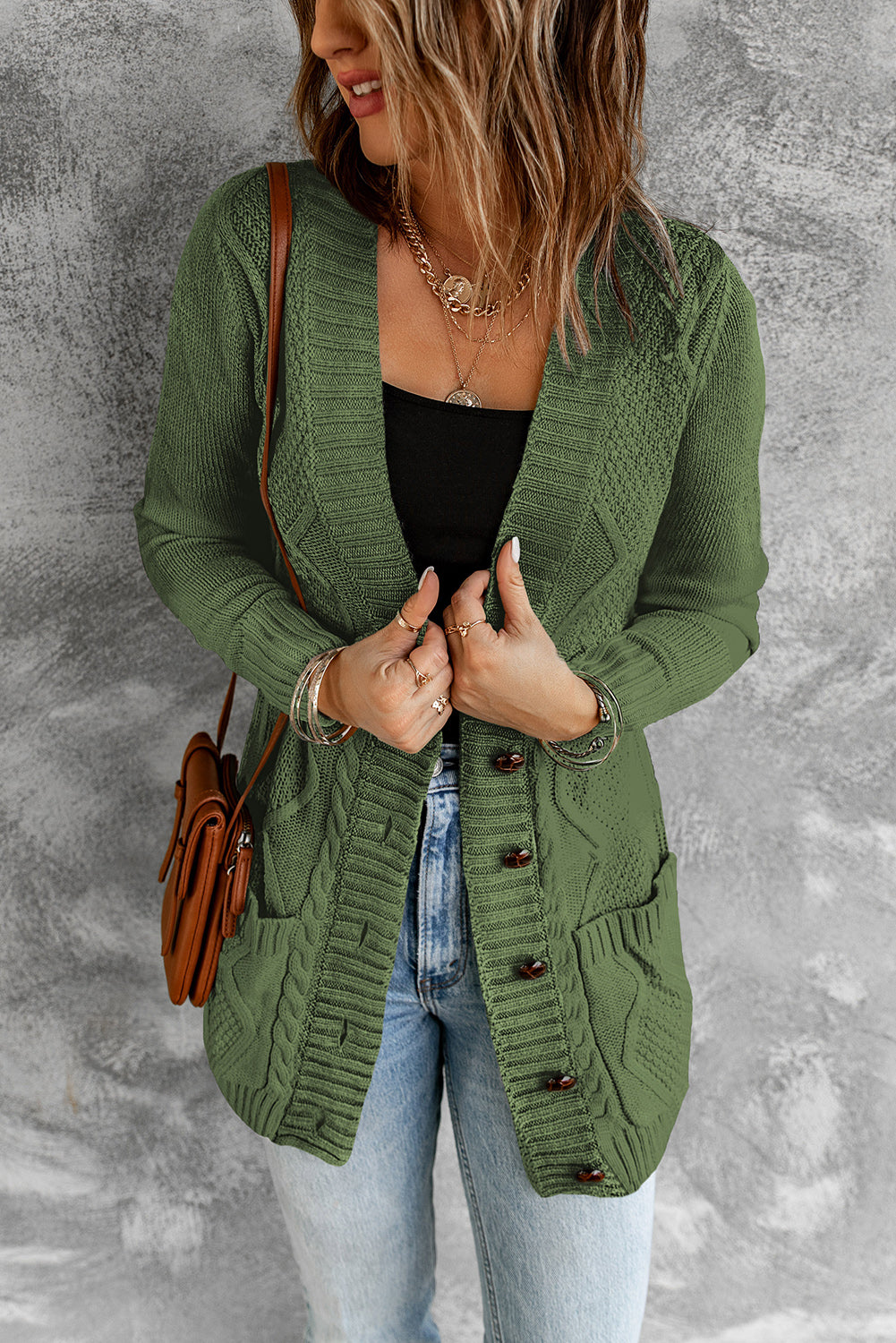 Green Front Pocket and Buttons Closure Cardigan Sweaters & Cardigans JT's Designer Fashion
