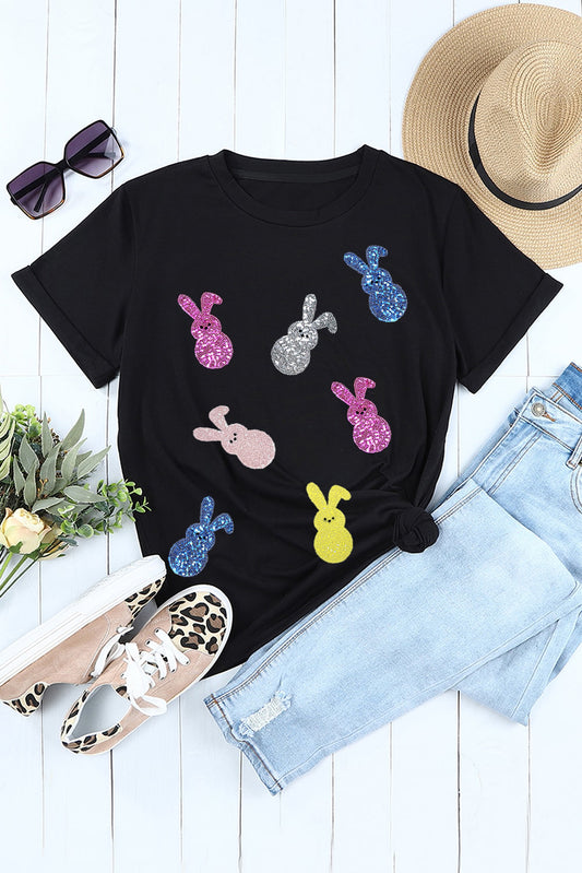 Black Sequin Bunny Doll Graphic Easter Day T Shirt Graphic Tees JT's Designer Fashion