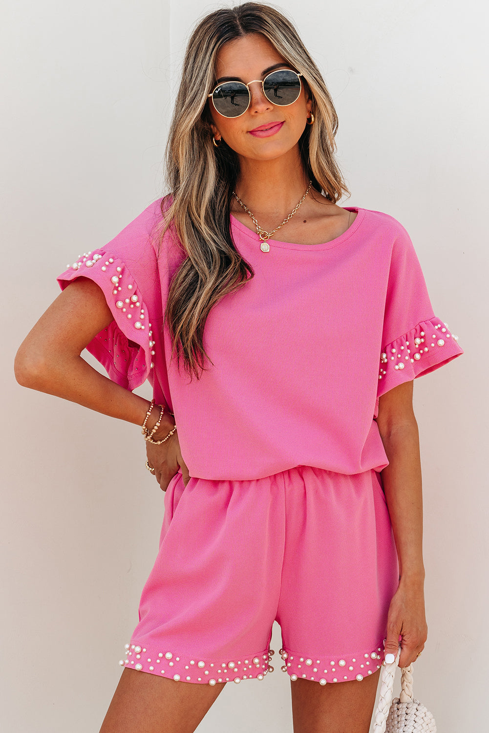 Bright Pink Textured Pearled Ruffle Sleeve Top 2 Piece Shorts Set Bright Pink 97%Polyester+3%Elastane Short Sets JT's Designer Fashion