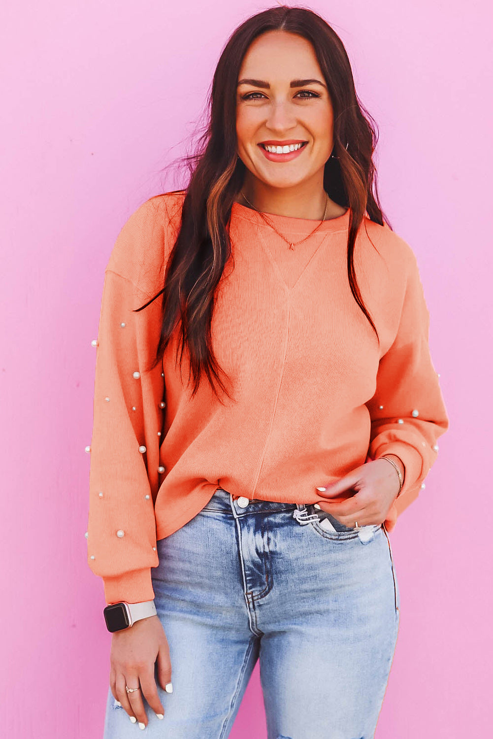 Blossom Pearled Sleeves Drop Shoulder Round Neck Pullover Sweatshirt Sweatshirts & Hoodies JT's Designer Fashion