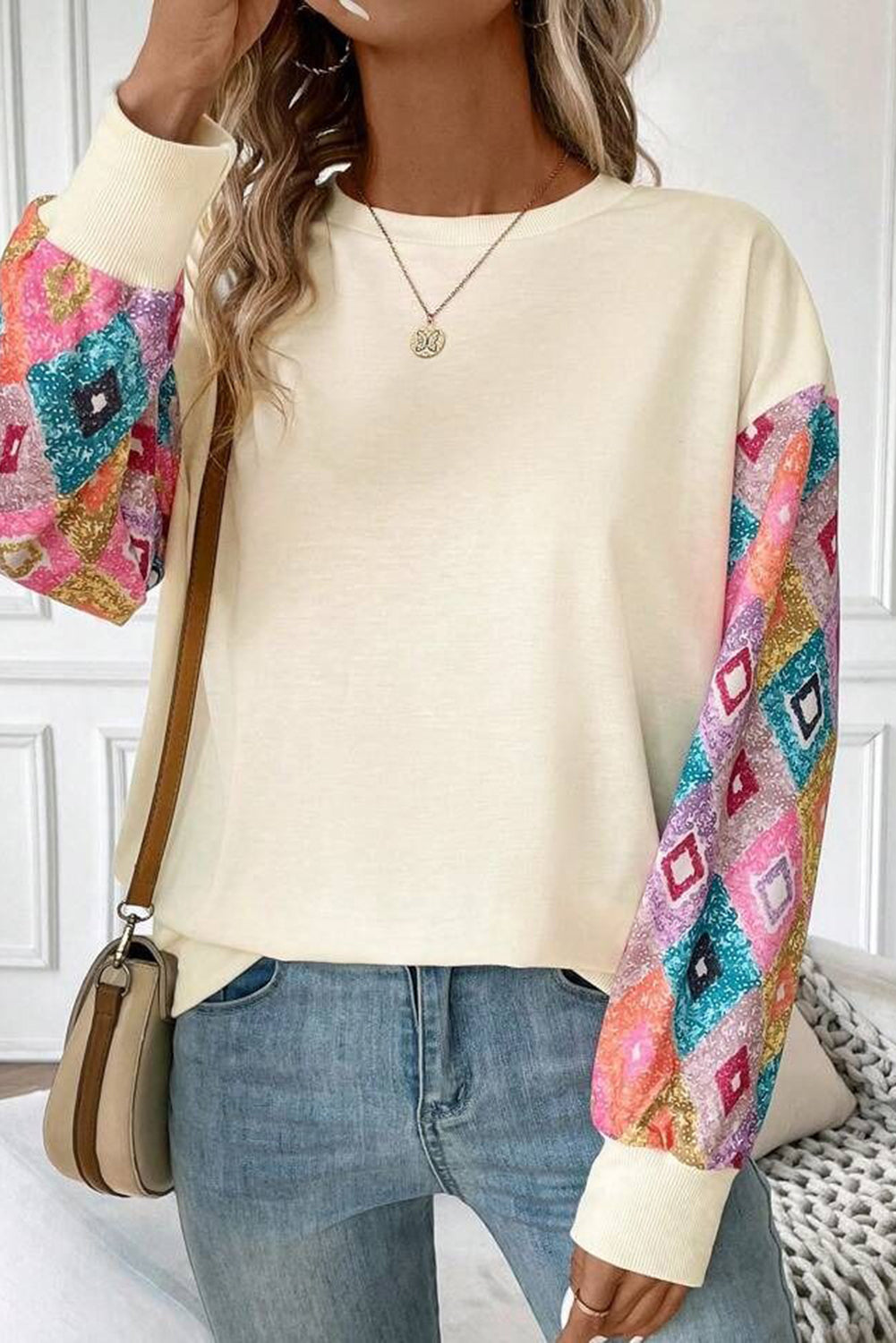 Apricot Geometric Printed Patchwork Long Sleeve Round Neck Top Long Sleeve Tops JT's Designer Fashion