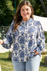 Sky Blue Tribal Pattern Print Notch Neck Buttoned Plus Size Shirt Plus Size Blouses & Shirts JT's Designer Fashion