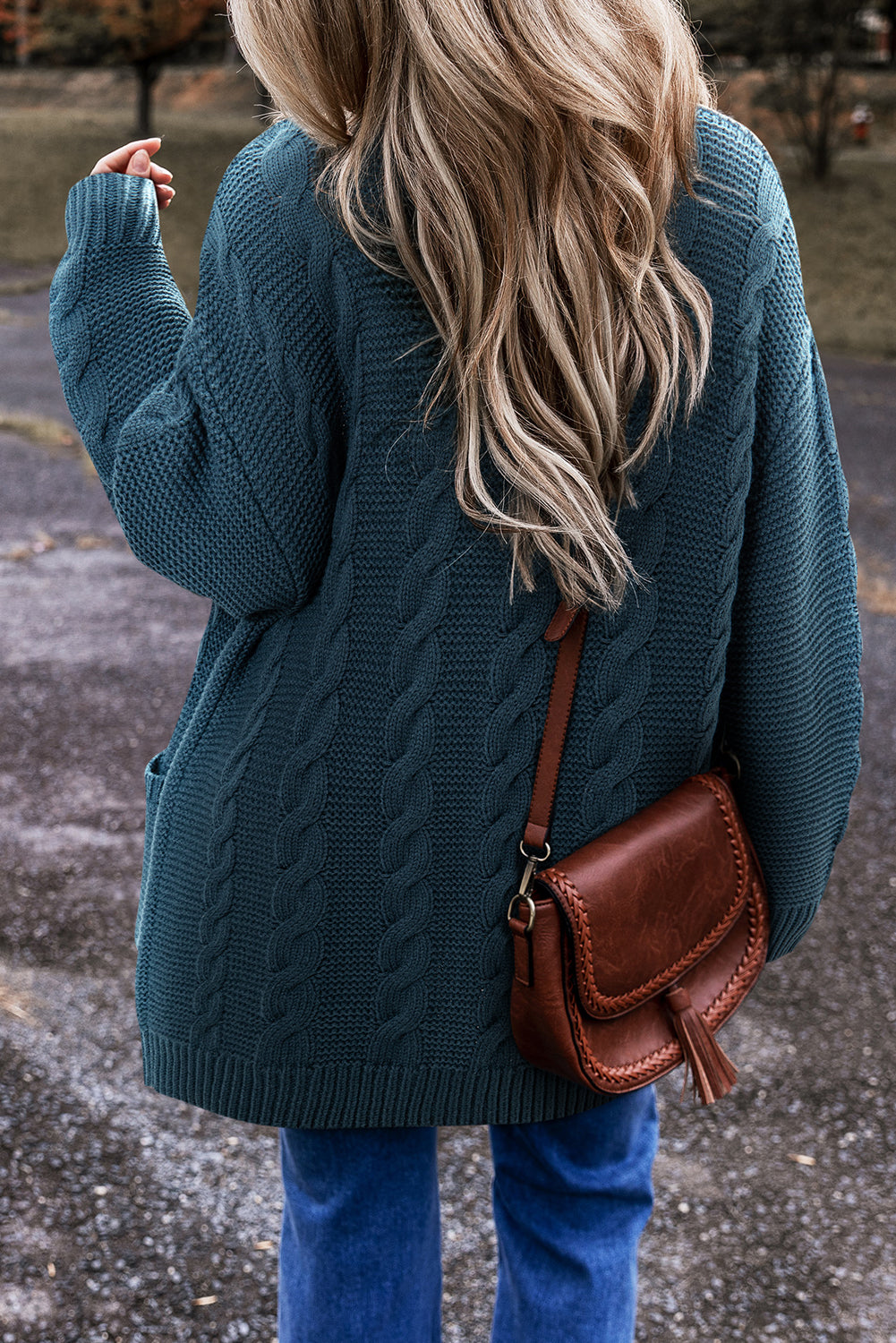 Peacock Blue Cable Knit Button Front Pocketed Baggy Cardigan Cardigans JT's Designer Fashion