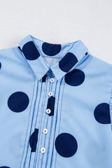 Sky Blue Polka Dot Print Ruffled Short Sleeve Buttoned Collared Blouse Blouses & Shirts JT's Designer Fashion