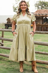 Laurel Green Notched V Neck Puff Sleeve Tiered Plus Size Maxi Dress Plus Size Maxi Dresses JT's Designer Fashion