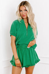 Sea Green Half Zip Puff Sleeve Top and Ruffled Shorts Set Short Sets JT's Designer Fashion