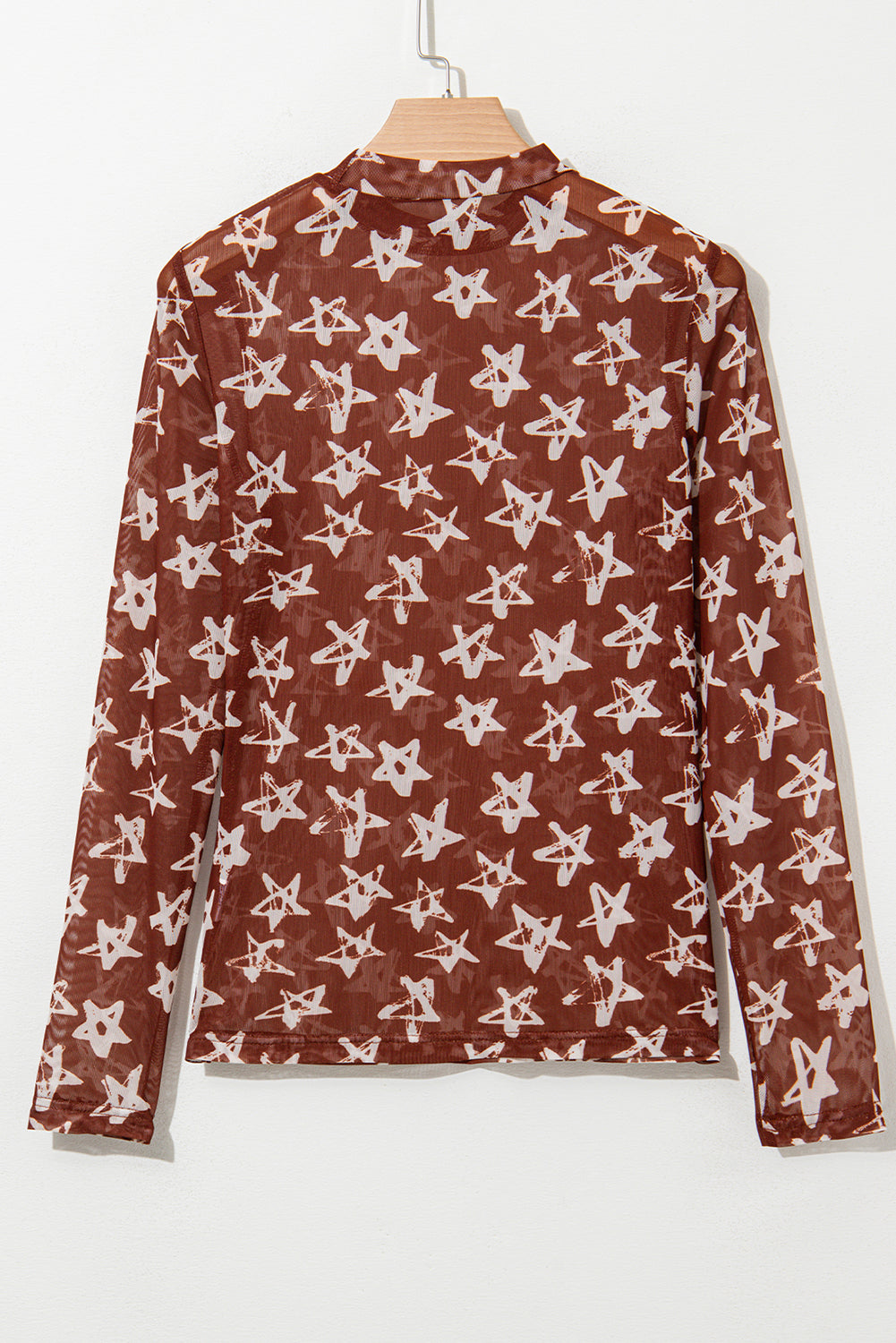 Red Mesh Star Print Mock Neck Sheath Long Sleeve Top Long Sleeve Tops JT's Designer Fashion