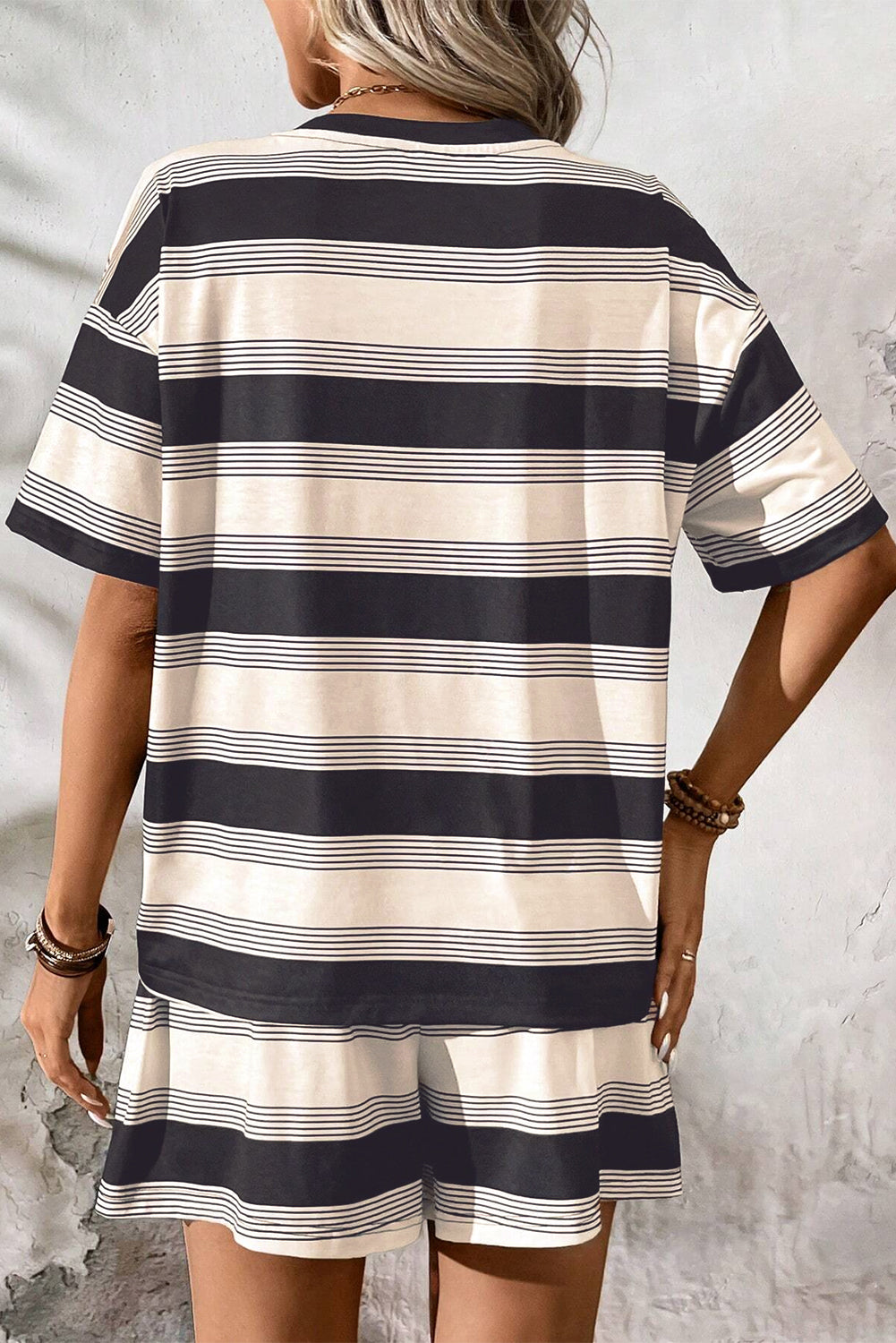 Black Stripe Short Sleeve T Shirt and High Waist Pocketed Shorts Set Short Sets JT's Designer Fashion