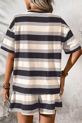 Black Stripe Short Sleeve T Shirt and High Waist Pocketed Shorts Set Short Sets JT's Designer Fashion