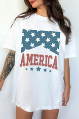 White AMERICA Stars Print Round Neck Oversized T Shirt Graphic Tees JT's Designer Fashion