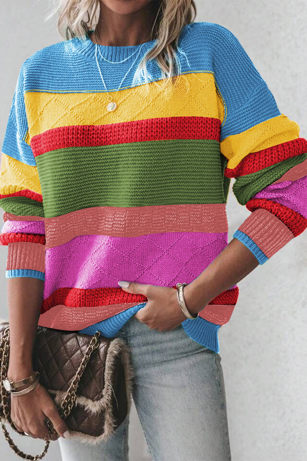 Light Blue Colorblock Mixed Textured Drop Shoulder Sweater Light Blue 65%Acrylic+35%Polyamide Sweaters JT's Designer Fashion