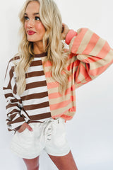 Brown Stripe Color Block Drop Shoulder Pullover Sweatshirt Sweatshirts & Hoodies JT's Designer Fashion