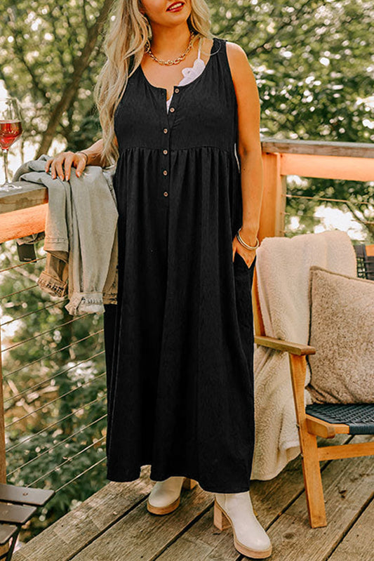 Black Plus Size Sleeveless Button Front Loose Jumpsuit Black 60%Polyester+35%Viscose+5%Elastane Plus Size Bottoms JT's Designer Fashion