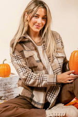 Light French Beige Flannel Plaid Double Flap Pocket Shacket Plaid Shackets JT's Designer Fashion