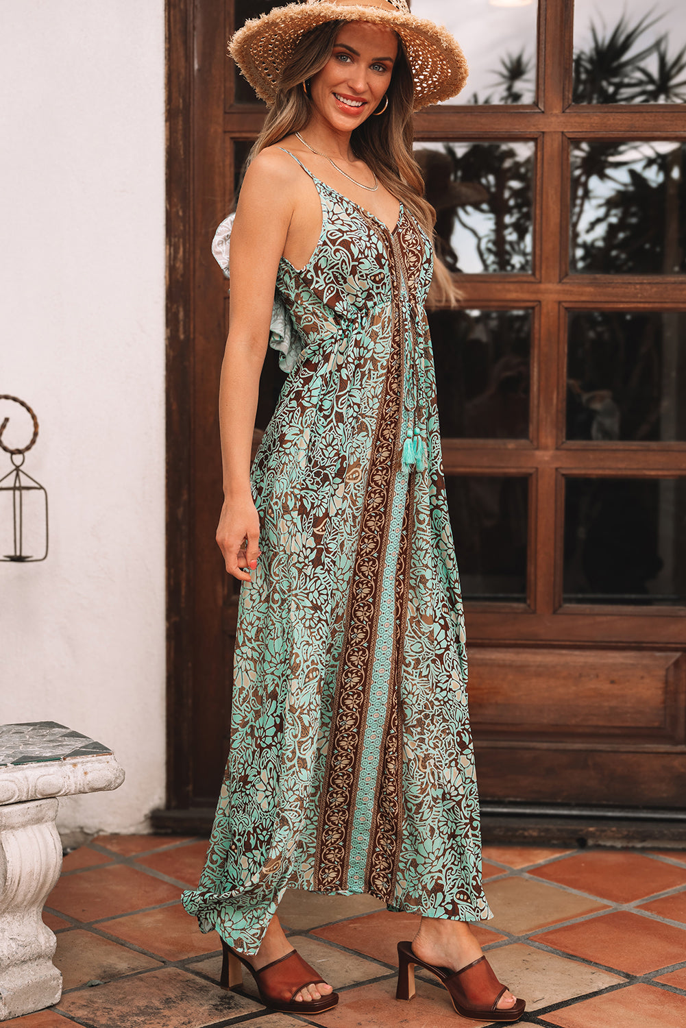 Green Floral Print V Neck Ruffled Trim Backless Tassel Waist Maxi Dress Floral Dresses JT's Designer Fashion