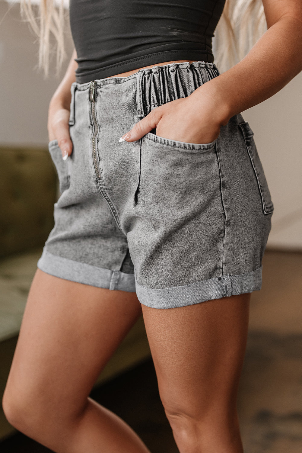Gray Zipped Light Wash Cuffed Edge Denim Shorts Denim Shorts JT's Designer Fashion