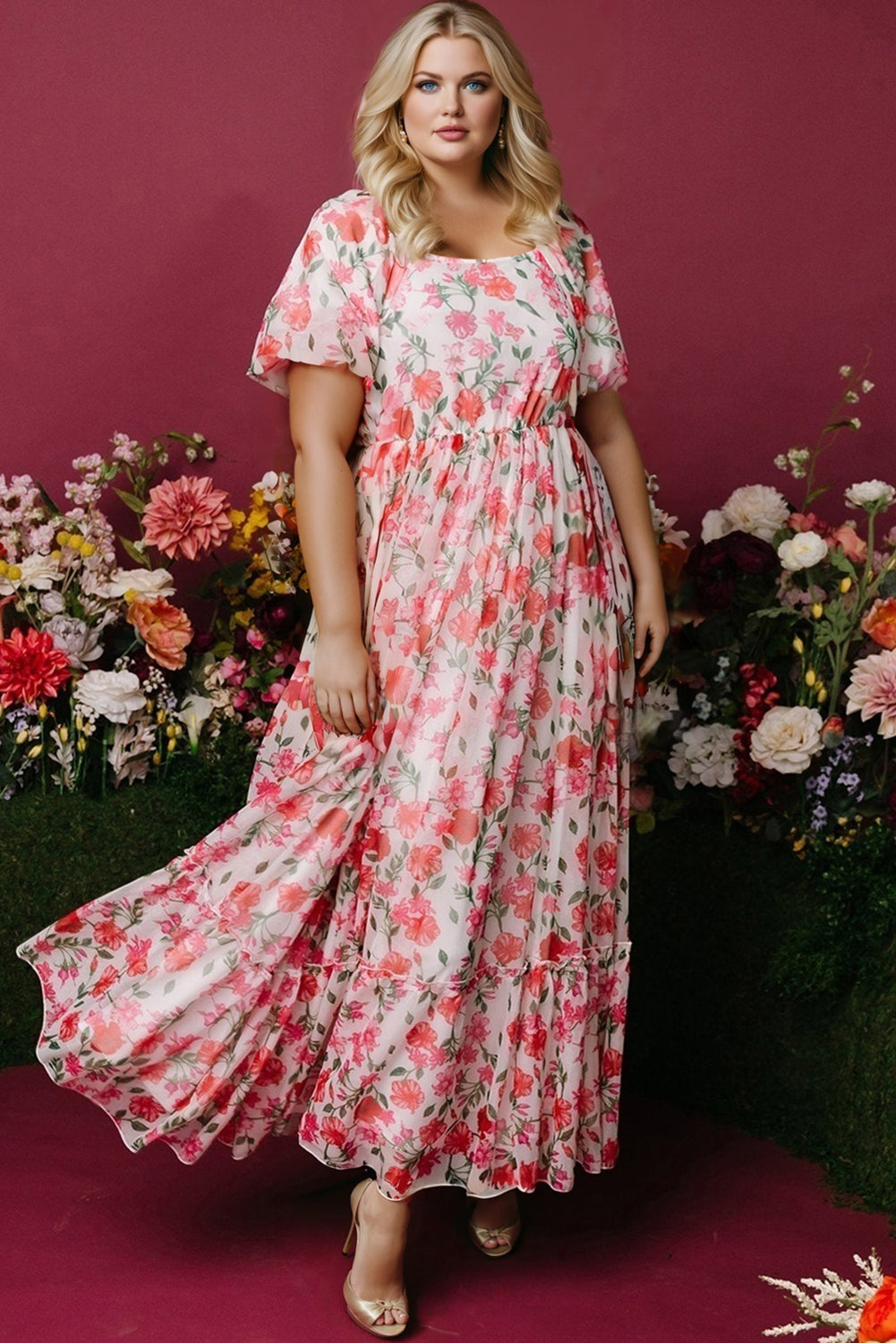 Pink Plus Size Floral Square Neck Puff Sleeve Ruffle Maxi Dress Plus Size Dresses JT's Designer Fashion