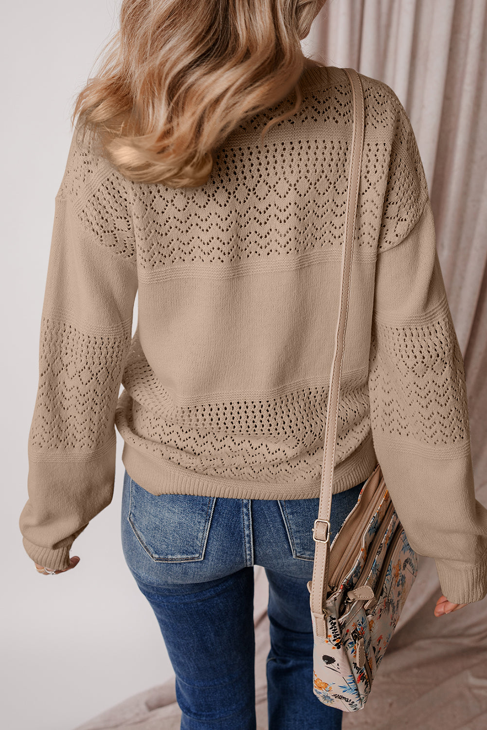 Camel Eyelet Pattern Detail V Neck Drop Shoulder Sweater Sweaters JT's Designer Fashion
