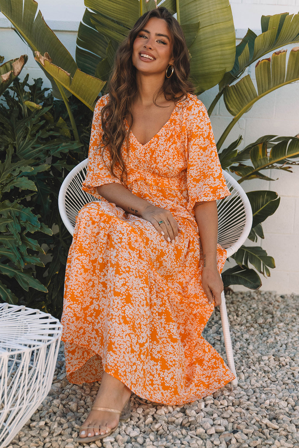 Orange Floral Print Smocked V Neck Wide Sleeve Maxi Dress Floral Dresses JT's Designer Fashion