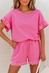 Bright Pink Textured Pearled Ruffle Sleeve Top 2 Piece Shorts Set Short Sets JT's Designer Fashion