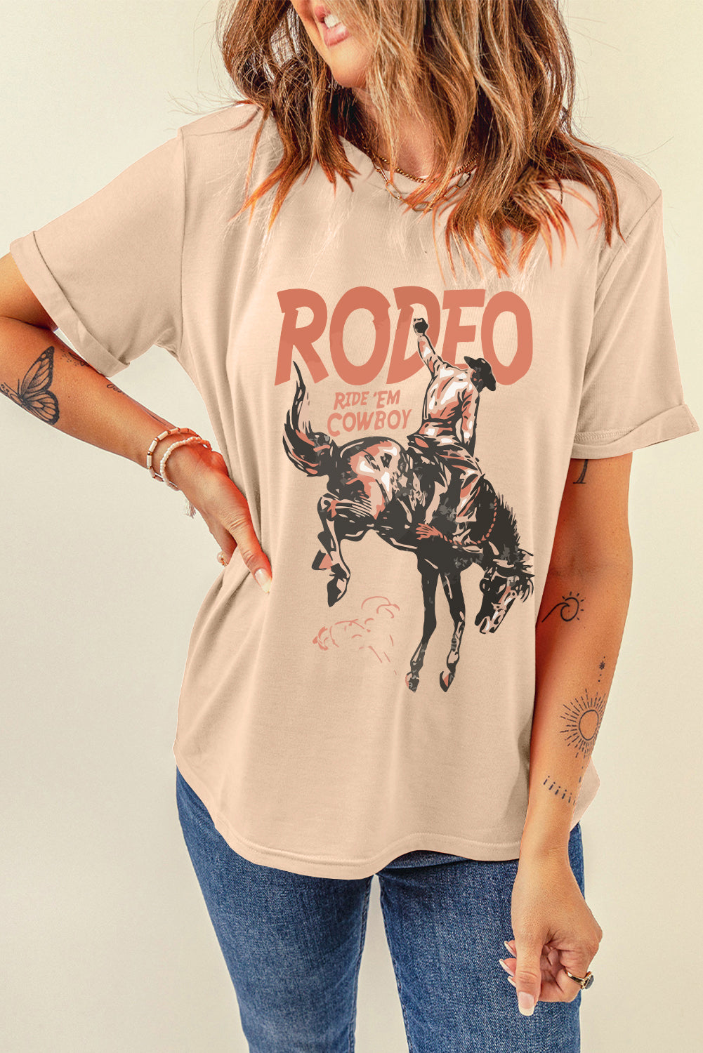 Khaki RODEO Cowboy Graphic Crewneck T Shirt Graphic Tees JT's Designer Fashion