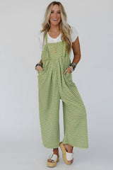 Green Gingham Wide Leg Loose Overall with Pockets Jumpsuits & Rompers JT's Designer Fashion